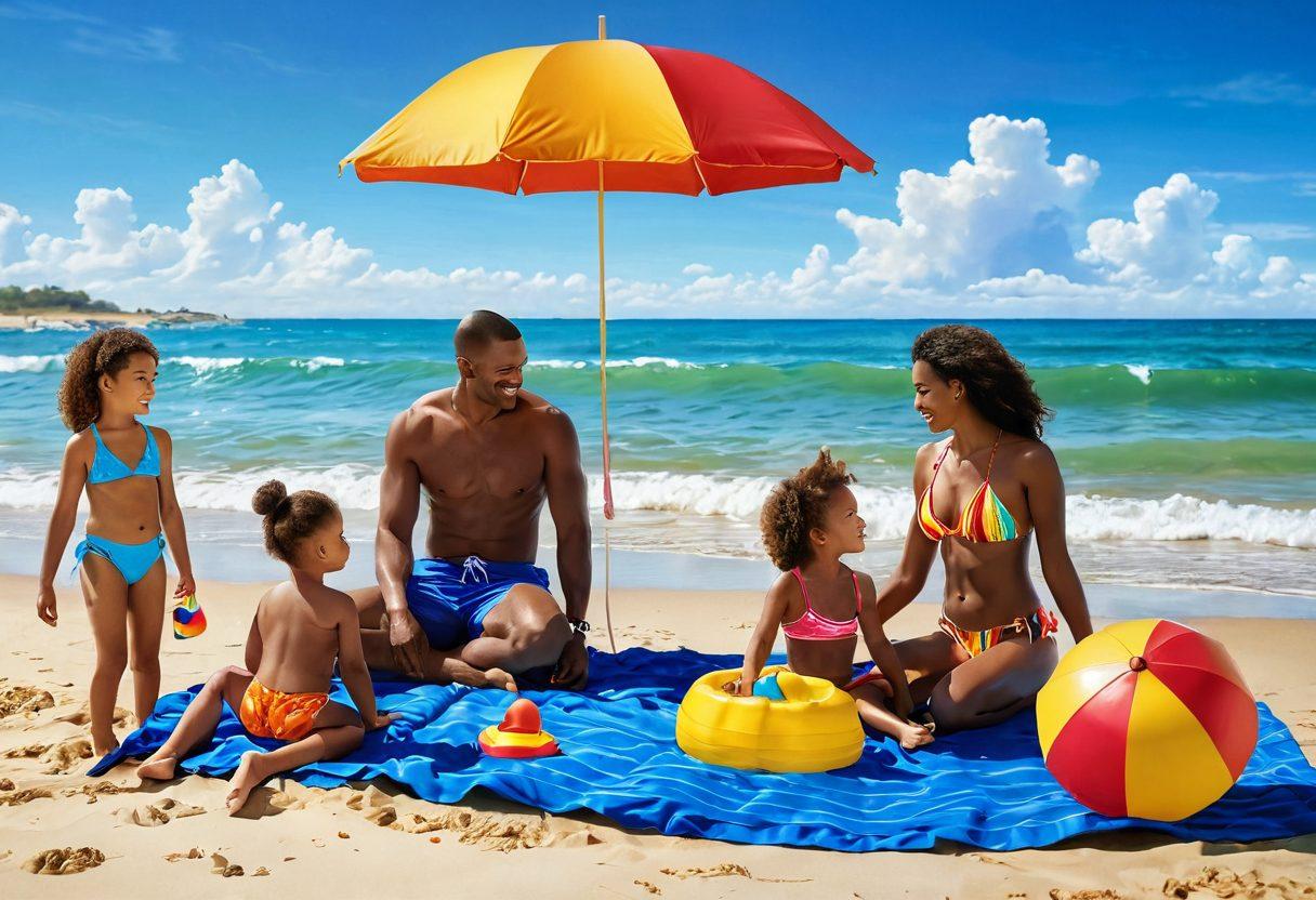 A vibrant beach scene showcasing a diverse family enjoying a sunny day by the shore, wearing stylish and colorful swimwear. Include beach toys, umbrellas, and the ocean waves in the background. Capture joyful moments of the family playing and relaxing together, with bright blue skies and golden sand to enhance the lively atmosphere. vibrant colors. super-realistic. natural lighting.