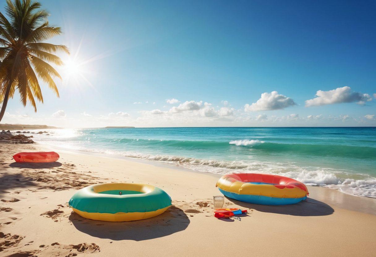 A sunny beach scene filled with happy children playing in the sand and splashing in the waves, wearing colorful swimwear, oversized sun hats, and inflatable floaties. Show vibrant beach umbrellas, a picnic setup with snacks, and beach toys scattered around. Capture a bright blue sky and clear turquoise water, evoking a sense of joy and summer adventure. super-realistic. vibrant colors. warm lighting.